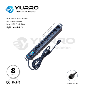 8 Holes PDU Germany with AV8 Meter Input IEC C14, 10A