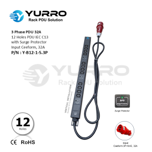 3 Phase PDU 32A, 12 Holes IEC C13 with Surge Protector