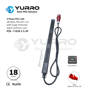 3 Phase PDU 32A, 18 Holes IEC C13 with Surge Protector