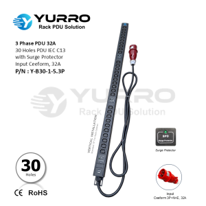 3 Phase PDU 32A, 30 Holes IEC C13 with Surge Protector