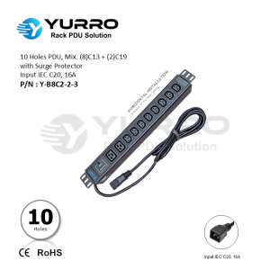 10 Holes PDU Mix. C13+C19 with Surge Protector Input IEC C20, 16A