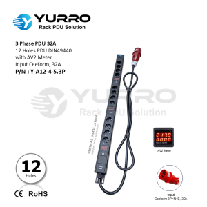 3 Phase PDU 32A, 12 Holes DIN49440 with AV2 Meter