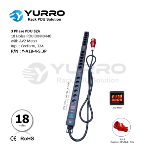 3 Phase PDU 32A, 18 Holes DIN49440 with AV2 Meter