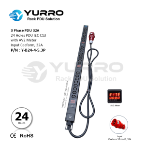 3 Phase PDU 32A, 24 Holes IEC C13 with AV2 Meter