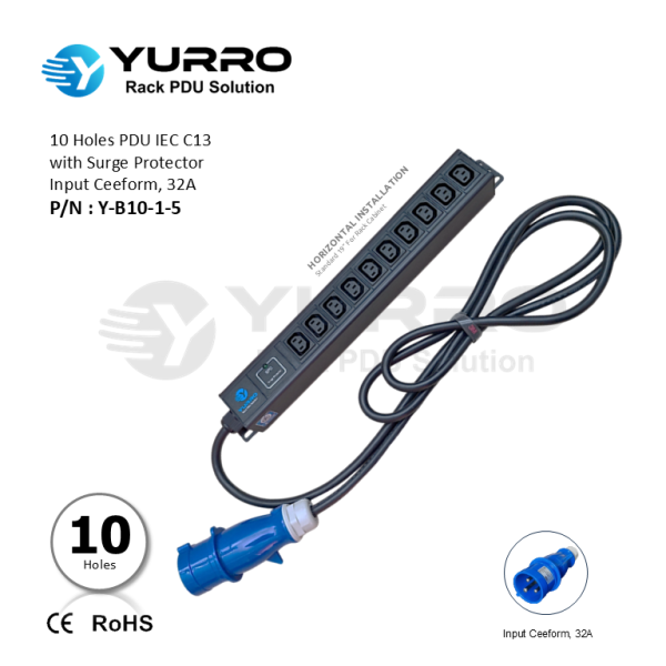 10 Holes PDU IEC C13 with Surge Protector, Input Ceeform 32A - YURRO PDU