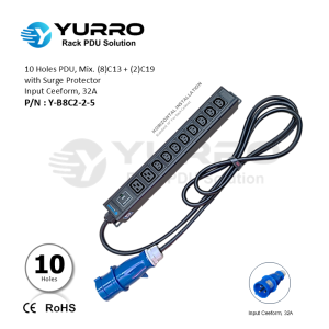 10 Holes PDU Mix. C13+C19 with Surge Protector, Input Ceeform 32A