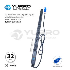 32 Holes PDU Mix. C13+C19 with 3L Surge Protector, Input Ceeform 32A