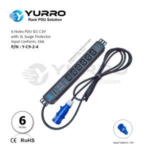 6 Holes PDU IEC C19 with 3L Surge Protector, Input Ceeform 16A