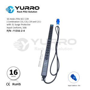 16 Holes PDU IEC C39 with 3L Surge Protector, Input Ceeform 16A