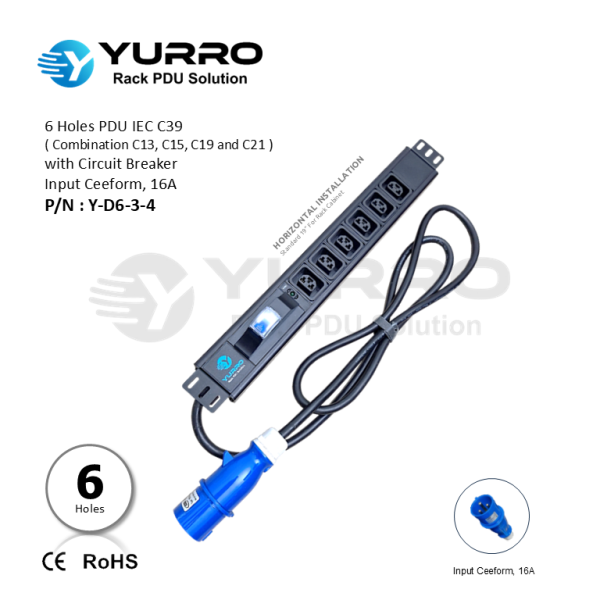 6 Holes PDU IEC C39 with Circuit Breaker Input Ceeform 16A - YURRO PDU