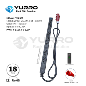 3 Phase PDU 32A, 18 Holes Mix. C13+C19 with Power Indicator