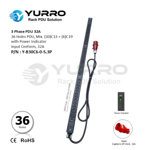 3 Phase PDU 32A, 36 Holes Mix. C13+C19 with Power Indicator