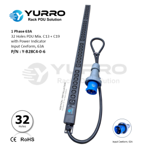 1 Phase 63A, PDU 32 Holes Mix. C13+C19 with Power Indicator