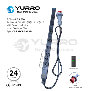 3 Phase 63A, PDU 24 Holes Mix. C13+C19 with Power Indicator