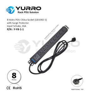 8 Holes PDU China Socket with Surge Protector, Input Schuko 16A