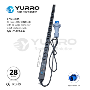 1 Phase 63A, 28 Holes PDU Germany with 3L Surge Protector