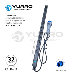 1 Phase 63A, 32 Holes PDU IEC C13 with 3L Surge Protector