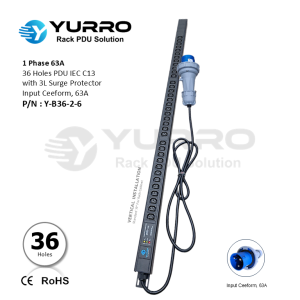 1 Phase 63A, 36 Holes PDU IEC C13 with 3L Surge Protector