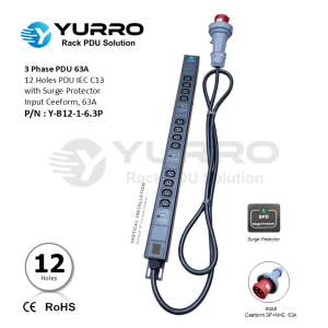 3 Phase 63A, PDU 12 Holes IEC C13 with Surge Protector
