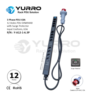 3 Phase 63A, PDU 12 Holes DIN49440 with Surge Protector