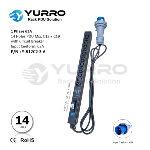 1 Phase 63A, 14 Holes PDU Mix. C13+C19 with Circuit Breaker