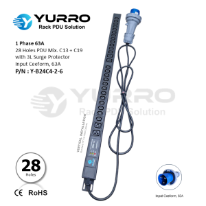 1 Phase 63A, PDU 28 Holes Mix. C13+C19 with 3L Surge Protector