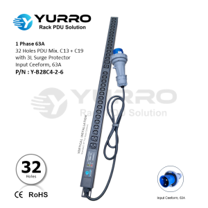 1 Phase 63A, PDU 32 Holes Mix. C13+C19 with 3L Surge Protector