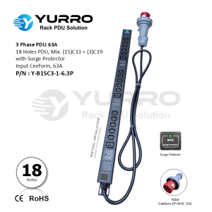 3 Phase 63A, PDU 18 Holes Mix. C13+C19 with Surge Protector