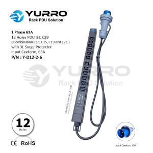 1 Phase 63A, PDU 12 Holes IEC C39 with 3L Surge Protector