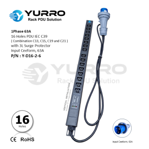 1 Phase 63A, PDU 16 Holes IEC C39 with 3L Surge Protector