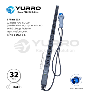 1 Phase 63A, PDU 32 Holes IEC C39 with 3L Surge Protector