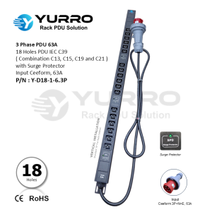 3 Phase 63A, PDU 18 Holes IEC C39 with Surge Protector