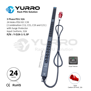 3 Phase PDU 32A, 24 Holes IEC C39 with Surge Protector
