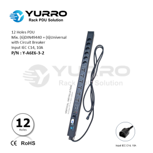 12 Holes PDU Mix. Germany+Universal with Circuit Breaker Input IEC C14, 10A