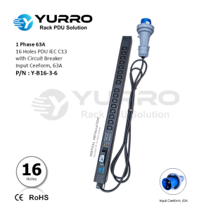 1 Phase 63A, 16 Holes PDU IEC C13 with Circuit Breaker