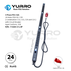 3 Phase PDU 32A, 24 Holes IEC C39 with Circuit Breaker