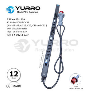 3 Phase 63A, PDU 12 Holes IEC C39 with Circuit Breaker