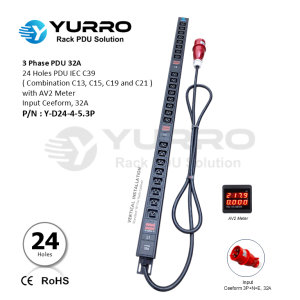 3 Phase PDU 32A, 24 Holes IEC C39 with AV2 Meter
