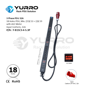 3 Phase PDU 32A, 18 Holes Mix. C13+C19 with AV2 Meter