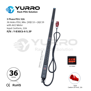 3 Phase PDU 32A, 36 Holes Mix. C13+C19 with AV2 Meter