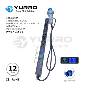 1 Phase 63A, 12 Holes PDU IEC C39 with AV6 Meter