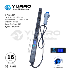 1 Phase 63A, 16 Holes PDU IEC C39 with AV6 Meter
