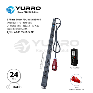 3 Phase PDU 32A, 24 Holes Mix. C13+C19 Intelligent PDU with RS-485