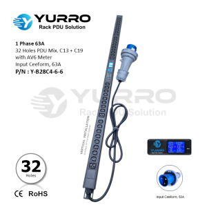 1 Phase 63A, 32 Holes PDU Mix. C13+C19 with AV6 Meter