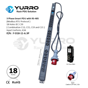 3 Phase 63A, 18 Holes IEC C39 Intelligent PDU with RS-485