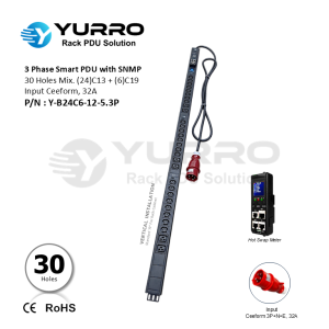 3 Phase 32A, 30 Holes Mix. C13+C19 Intelligent PDU with SNMP