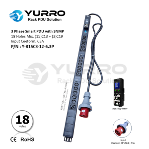 3 Phase 63A, 18 Holes Mix. C13+C19 Intelligent PDU with SNMP
